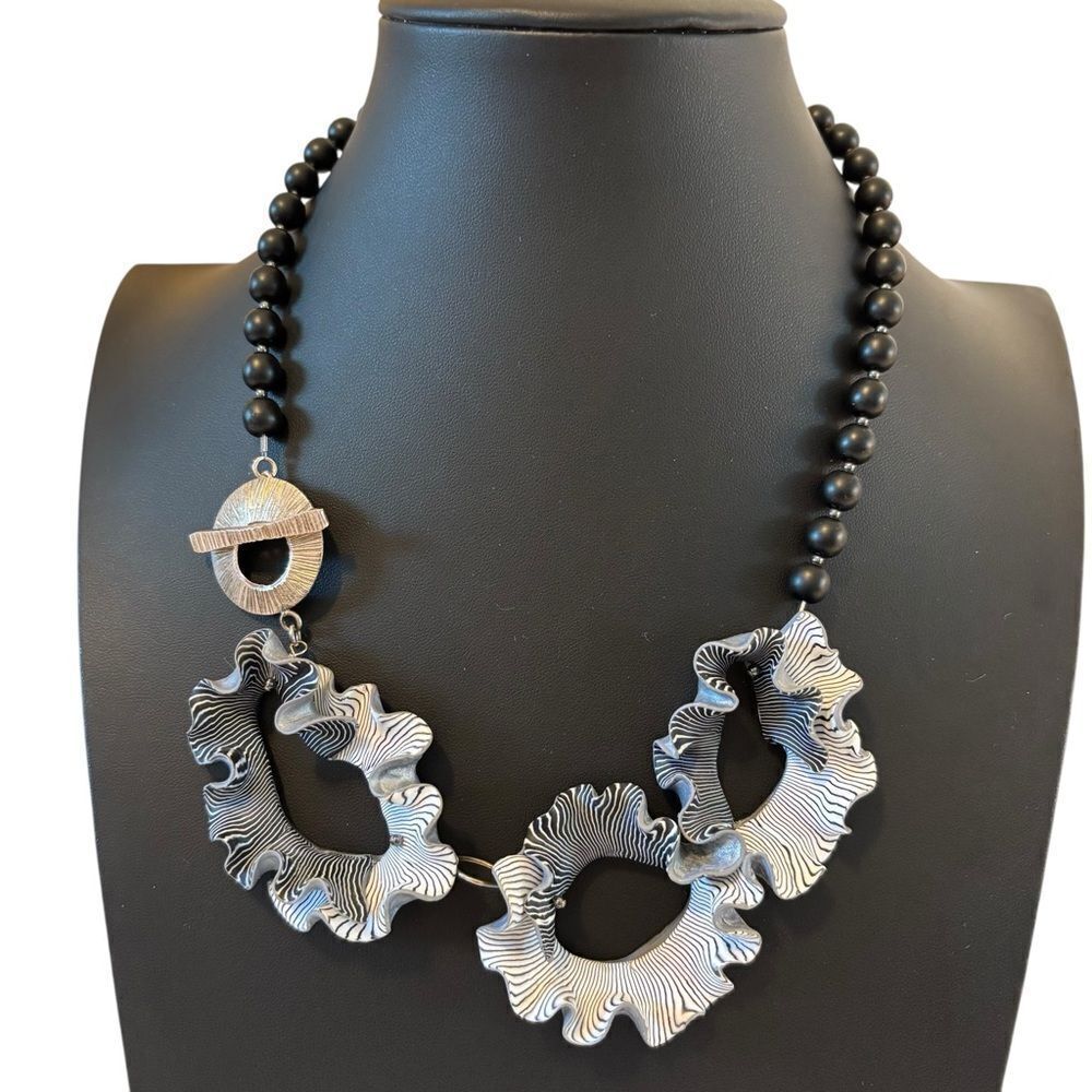 One Of A Kind Black & White Polymer Clay & SS Statement Necklace.